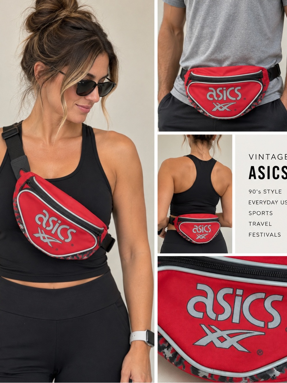 Vintage 1990s ASICS Sundara Red Nylon Waist Fanny Pack Sports Bag Retro